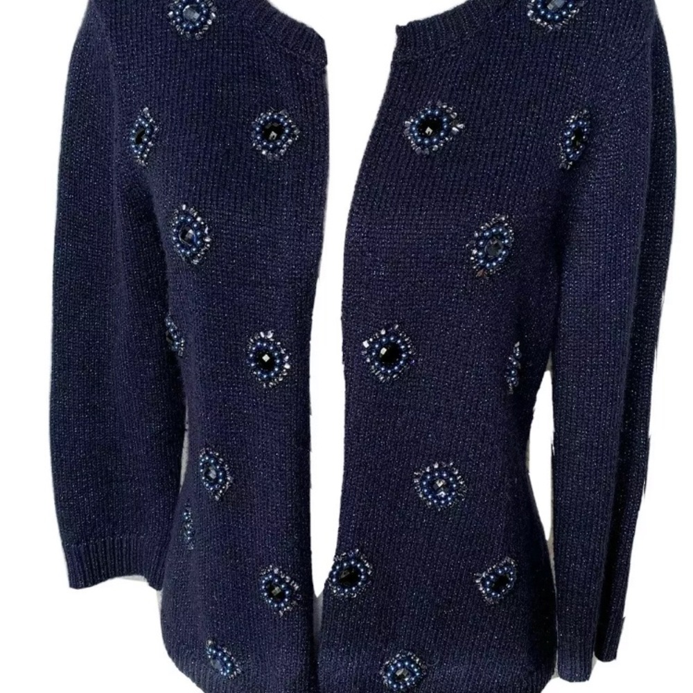 Coldwater Creek Cardigan Sweater Gems Wool Blend Blue Embellished XS
